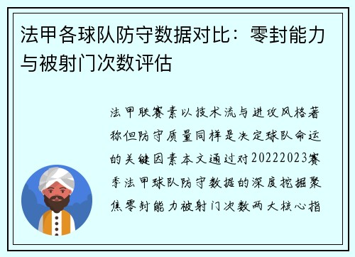 法甲各球队防守数据对比：零封能力与被射门次数评估